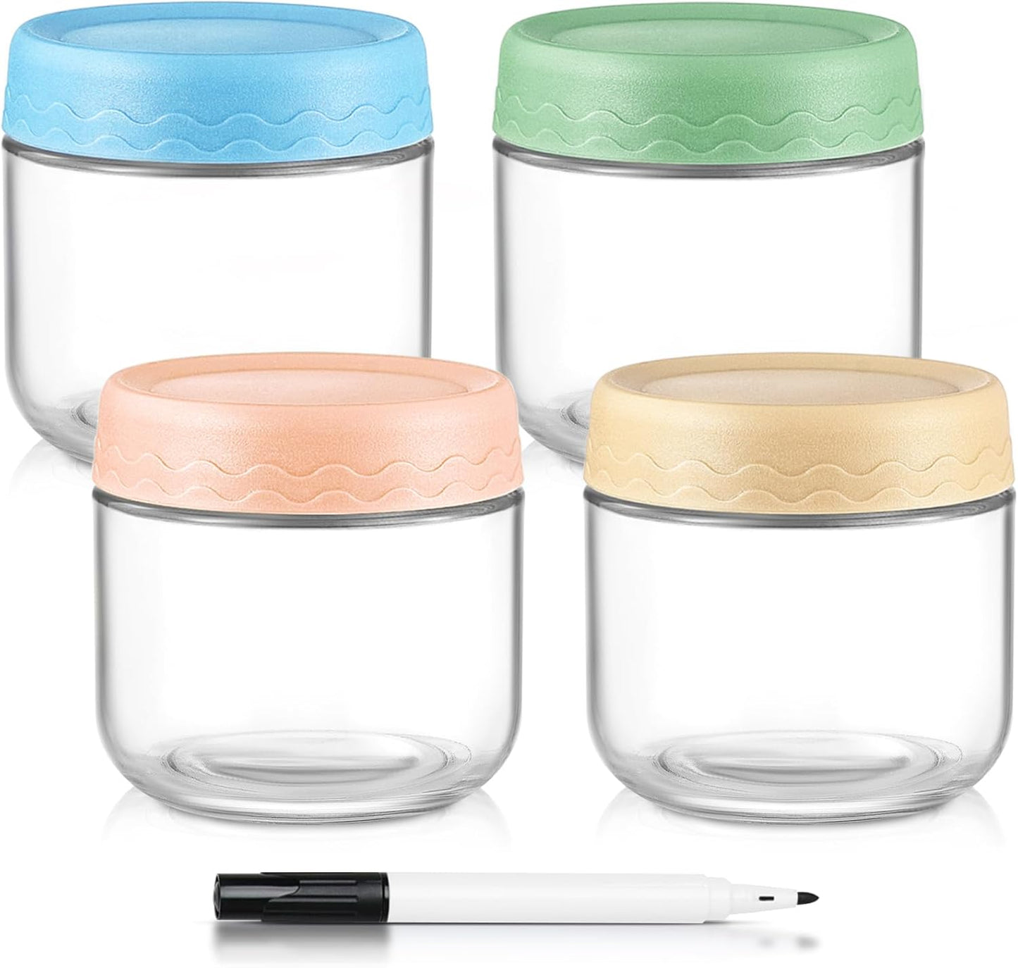 DRKIO 10 Oz Overnight Oats Containers with Lids - 4 Pack Glass Storage Jars with Airtight Lids Wide Mouth Mason Food Jars Great for Meal Prep Salad Chia Pudding Snacks Yogurt Sugar Spice Cereal
