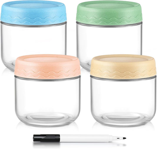 DRKIO 10 Oz Overnight Oats Containers with Lids - 4 Pack Glass Storage Jars with Airtight Lids Wide Mouth Mason Food Jars Great for Meal Prep Salad Chia Pudding Snacks Yogurt Sugar Spice Cereal