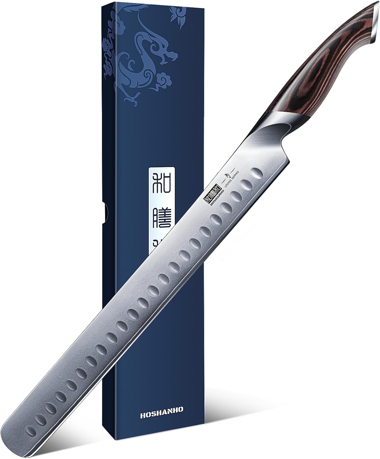 HOSHANHO Carving Knife 12 Inch, Japanese High Carbon Steel Slicing Knife with Ergonomic Pakkawood Handle, Razor Sharp Brisket Knives for Meat Cutting, BBQ, Turkey