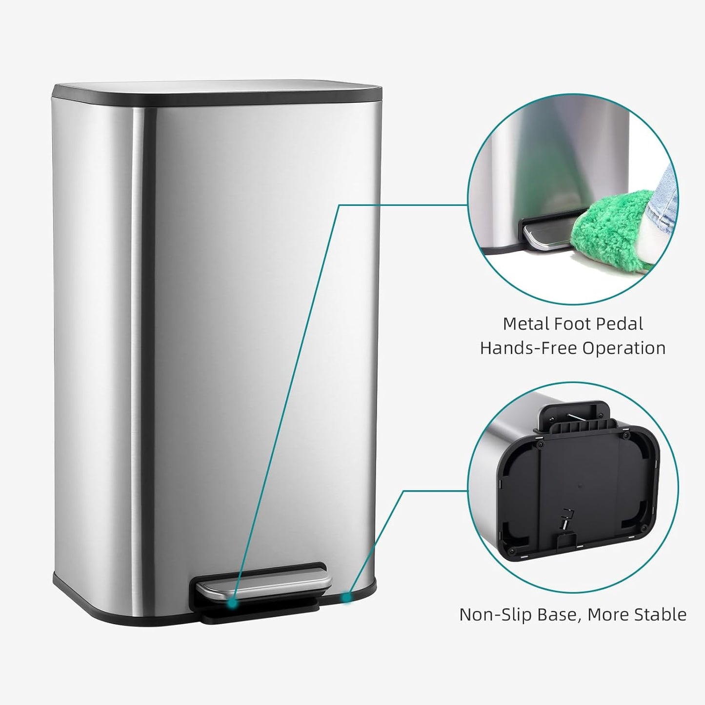 Bathroom Trash Can with Lid, 3.2 Gallon Stainless Steel Garbage Can with Step-On Pedal and Inner Bucket, Rectangular Trash Can for Kitchen Office Living Room Small Spaces (12 L, Silver)