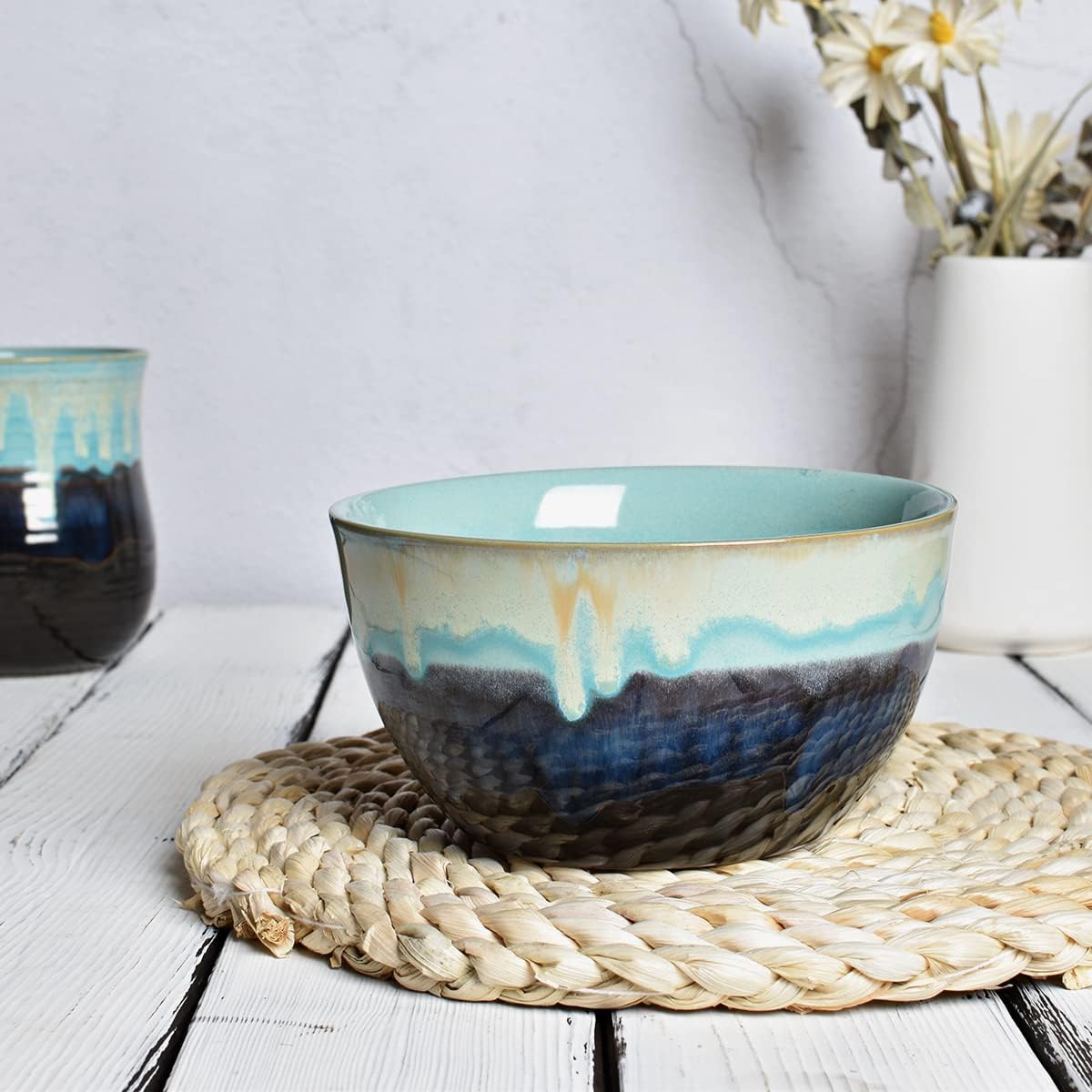 Bosmarlin Stoneware Cereal Bowls Set of 4, 26 Oz, Soup Bowls for Oatmeal, Salad, Dishwasher and Microwave Safe, Reactive Glaze (26 Oz, Pastel Blue)