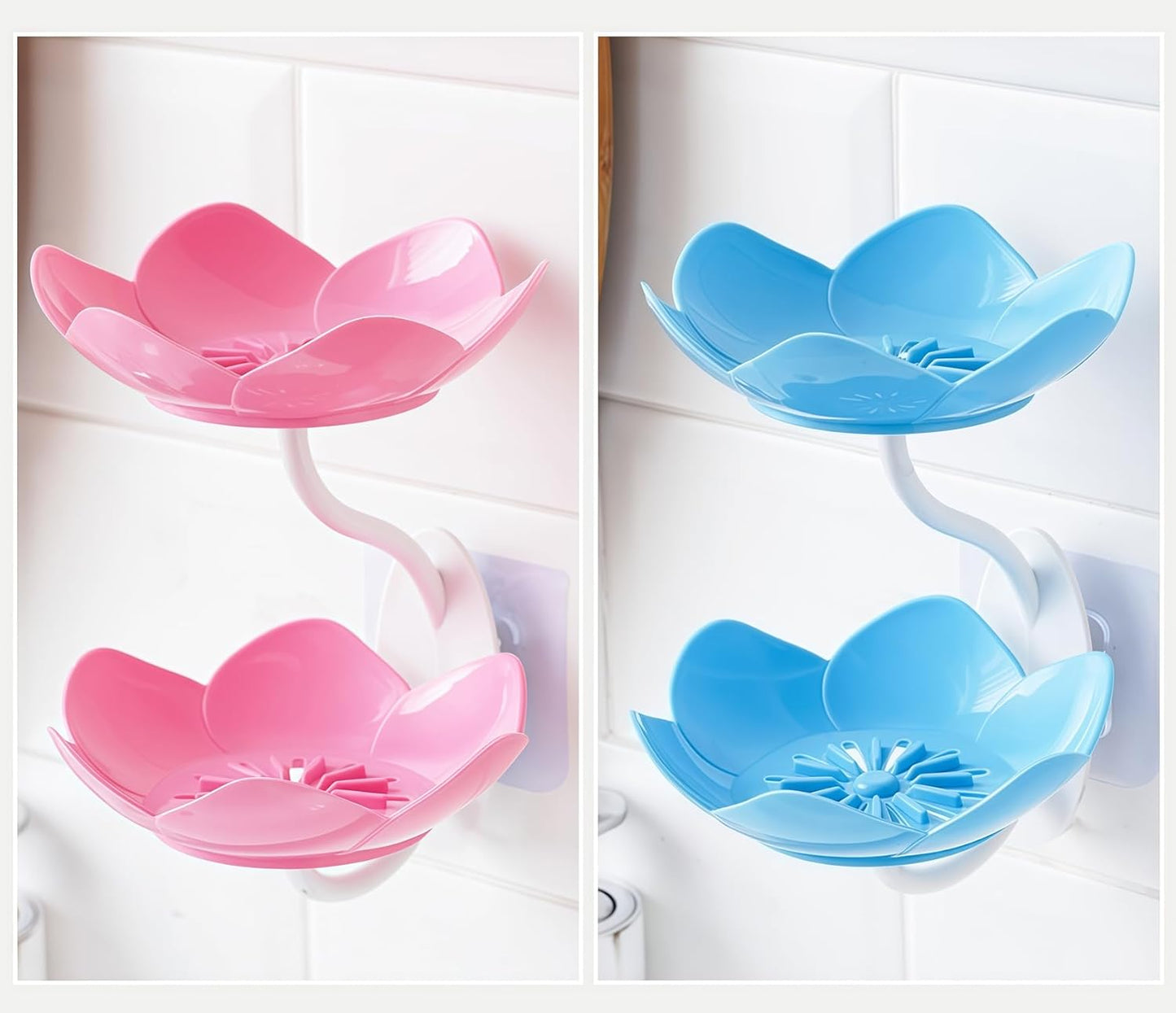 2 Pack Soap Dish Holder for Shower Bar Double Layer Cute Lotus Shape Adhesive Tray Sink Wall Mounted Shampoo NO-Drilling Self Draining Hanging Saver Rack Plastic Bathroom Bathtub Kitchen,Pink+Blue