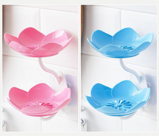 2 Pack Soap Dish Holder for Shower Bar Double Layer Cute Lotus Shape Adhesive Tray Sink Wall Mounted Shampoo NO-Drilling Self Draining Hanging Saver Rack Plastic Bathroom Bathtub Kitchen,Pink+Blue