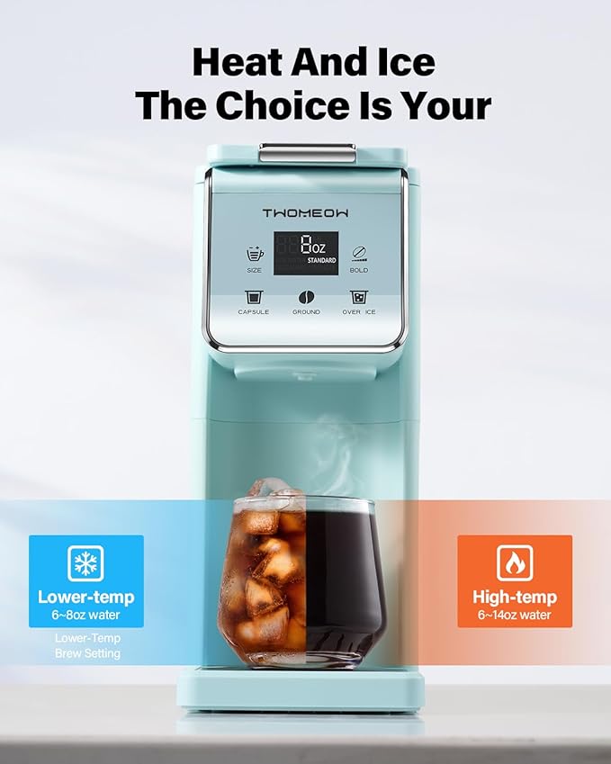 K Cup Coffee Maker With Bold Setting, Single Serve Hot & Iced Coffee Maker for K-Cup and Grounds, 52oz Removable Water Tank, 6 to14oz Brew Sizes, Pod Coffee Machine With Reusable Filter, Blue