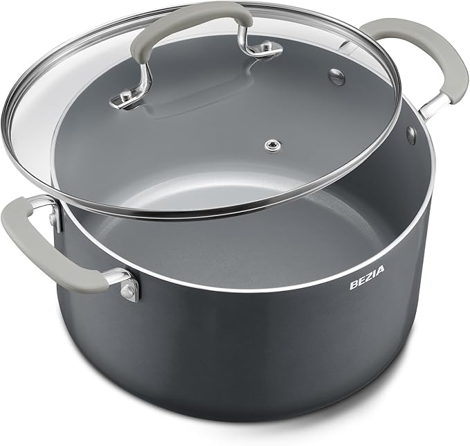 8 Quart Pot with Lid, BEZIA Ceramic Nonstick Stock Pot with Lid, Induction Ready, Large Cooking Pot with Silicone Handle, Compatible with All Cooktops, Dishwasher Safe