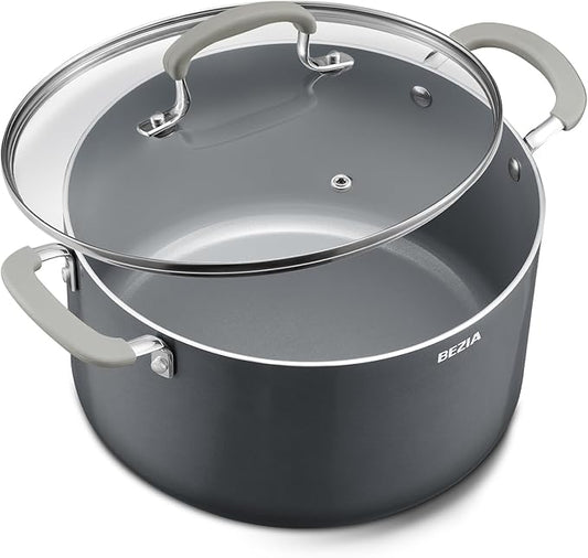 6 Quart Pot with Lid, BEZIA Ceramic Nonstick Stock Pot with Lid, Induction Ready, Large Cooking Pot with Silicone Handle, Compatible with All Cooktops, Dishwasher Safe