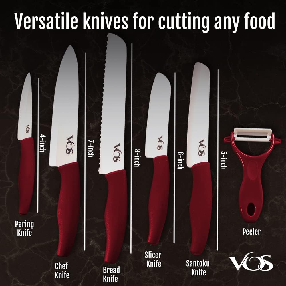 Vos Ceramic Knife Set - Ceramic Kitchen Knives With Peeler, Paring Knives 4", 5", 6", 7", 8" Inch Red