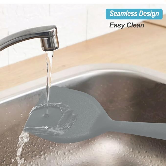 Silicone Spatula Turner Set, High Heat Resistant Spatulas with Seamless One Piece Design, Nonstick Rubber Flippers Utensils for Baking & Cooking,BPA-Free, 2 pack,Black (Grey)