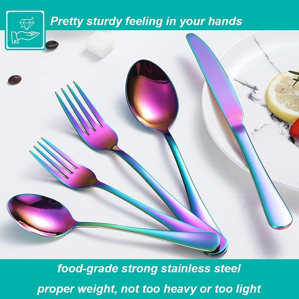 50 Pcs Rainbow Silverware Set for 10, Food Grade Stainless Steel Flatware Set, Eating Utensils Sets Include Fork/Knife/Spoon,Home Kitchen Tableware Set, Reusable Cutlery Set, Dishwasher Safe