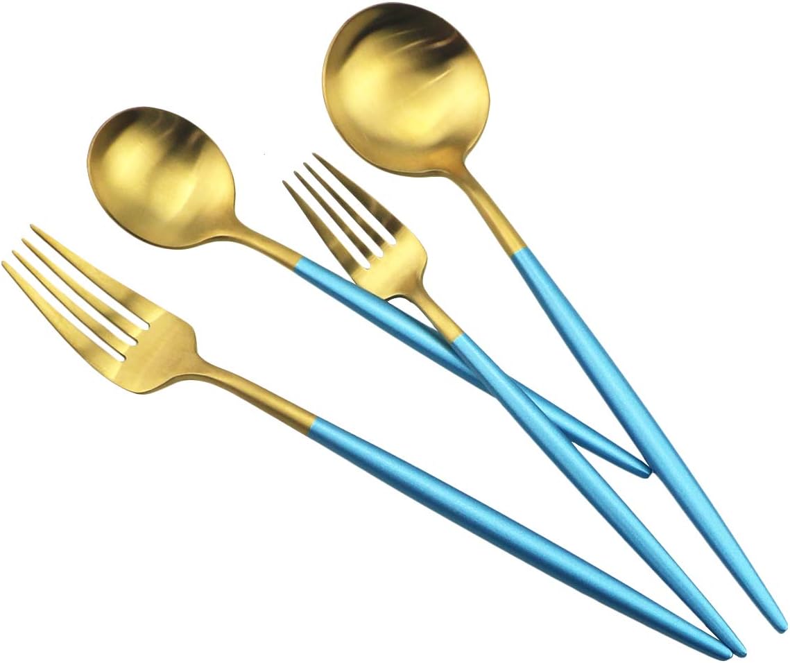 JASHII Silverware Sets, 20-Piece Flatware 18/10 Stainless Steel Heavy Weight Forged Cutlery Eating Utensils Forks Spoons Knives Set Tableware Service for 4 Matte Finished (Blue & Gold)