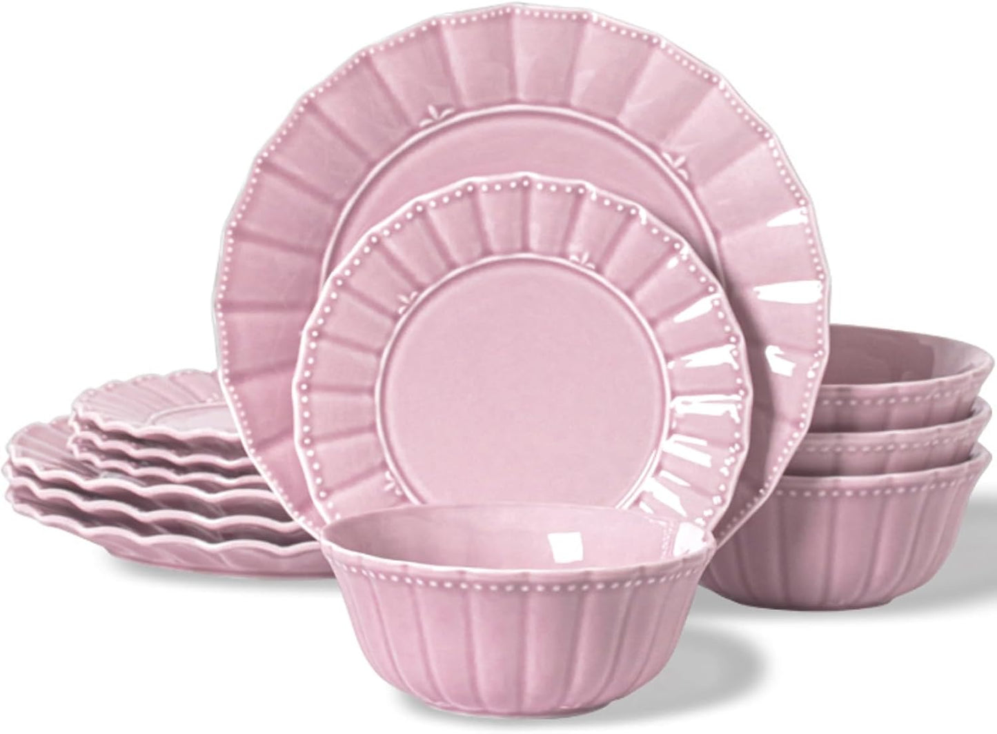 Plates and Bowls Sets for 4, 12 Piece Dinnerware Sets, Porcelain Plate Set, Microwave and Dishwasher Safe, Wedding kitchen & dining, Dreamy Sakura Pink