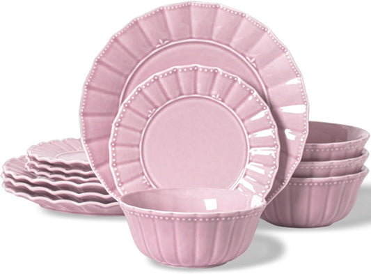 Plates and Bowls Sets for 4, 12 Piece Dinnerware Sets, Porcelain Plate Set, Microwave and Dishwasher Safe, Wedding kitchen & dining, Dreamy Sakura Pink