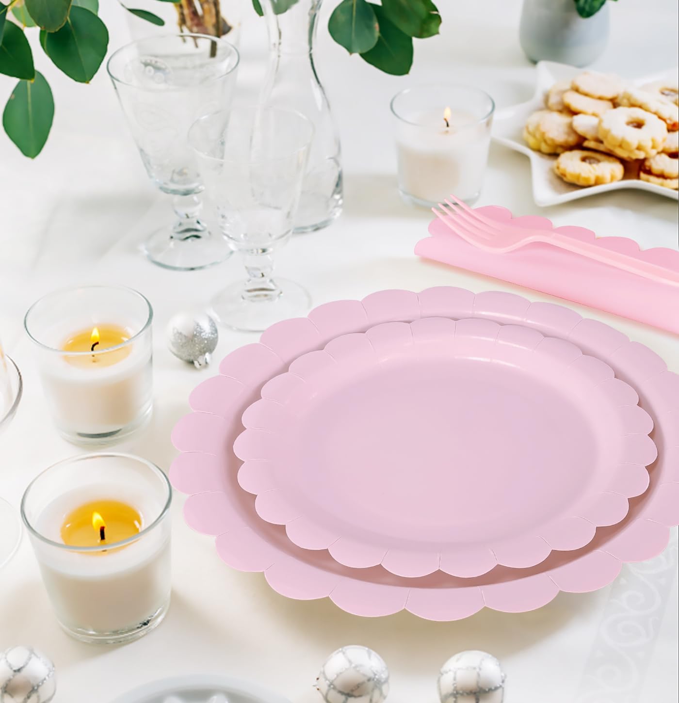 96 Pcs Light Pink Plates and Napkins Party Supplies Serve 24 Guests Including Pink Scalloped Paper Plates and Napkins Plastic Forks for Baby Shower Birthday Party Disposable Dinnerware Set