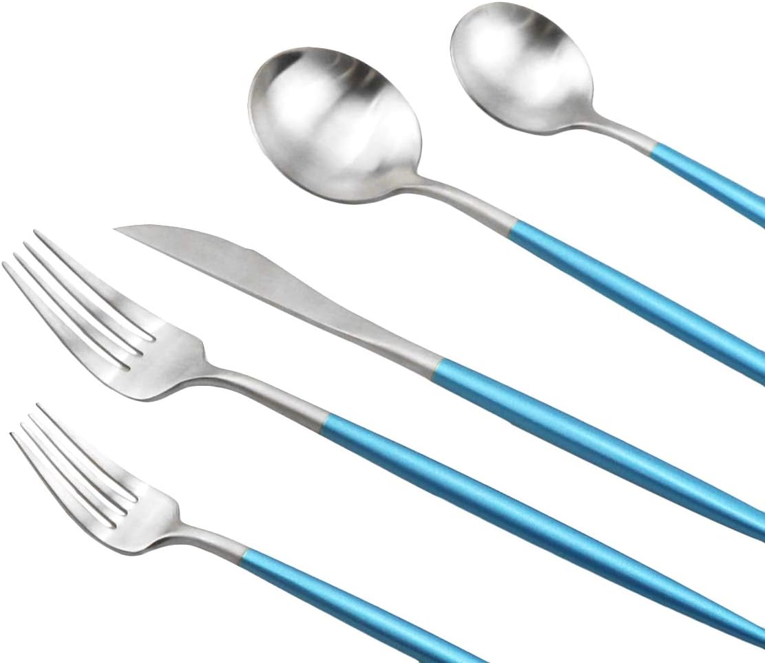 JASHII Silverware Sets, 20-Piece Blue Flatware 18/10 Stainless Steel Heavy Weight Forged Cutlery Eating Utensils Forks Spoons Knives Set Tableware Service for 4 Matte Finished (Blue & Silver)