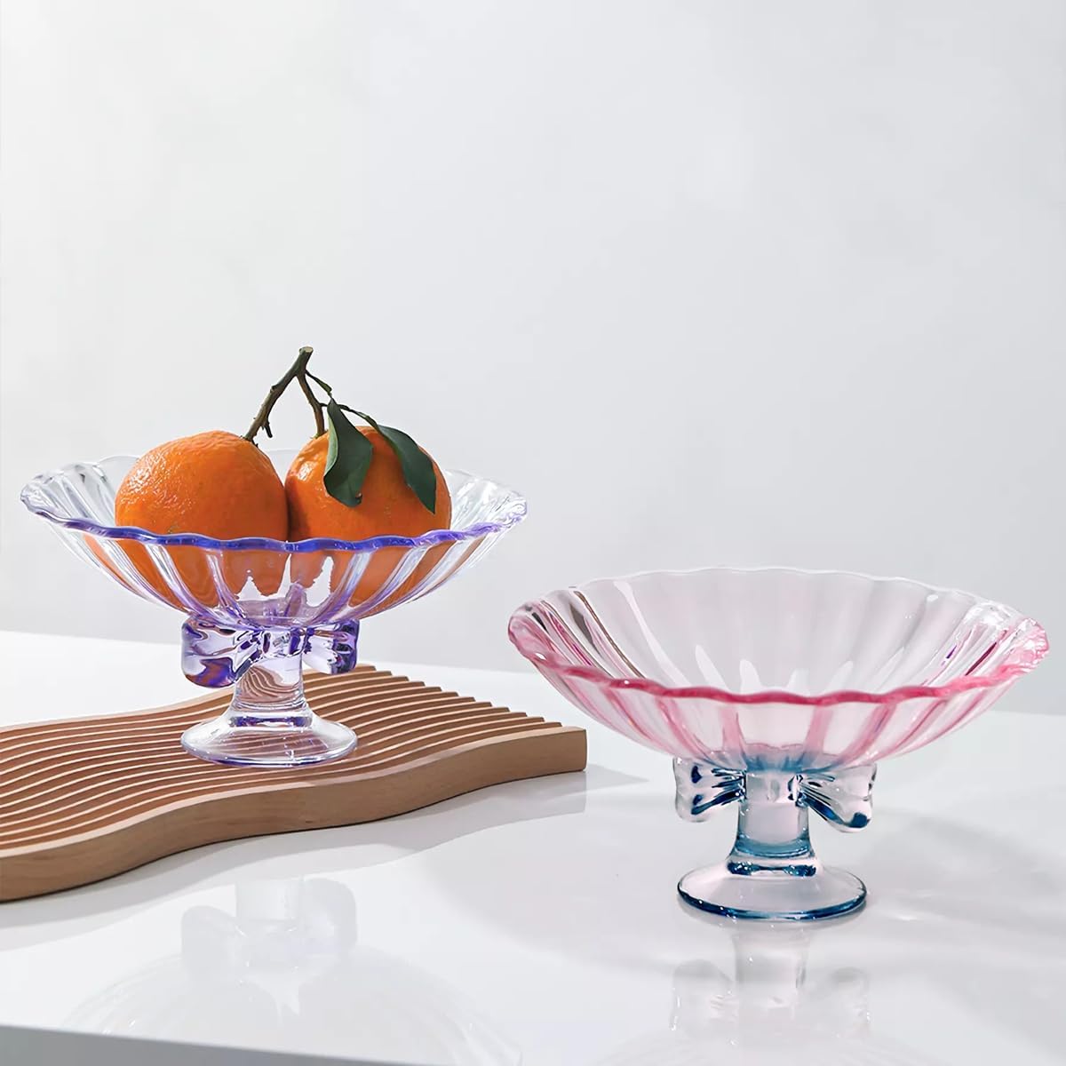 Glass Fruit Bowl. 9 inch Glass Pedestal Bowl. Elegant Bow Decoration Multicolor Salad Plate. Suitable for Fruit, Dessert, Candy, Snack & More. (Purple)