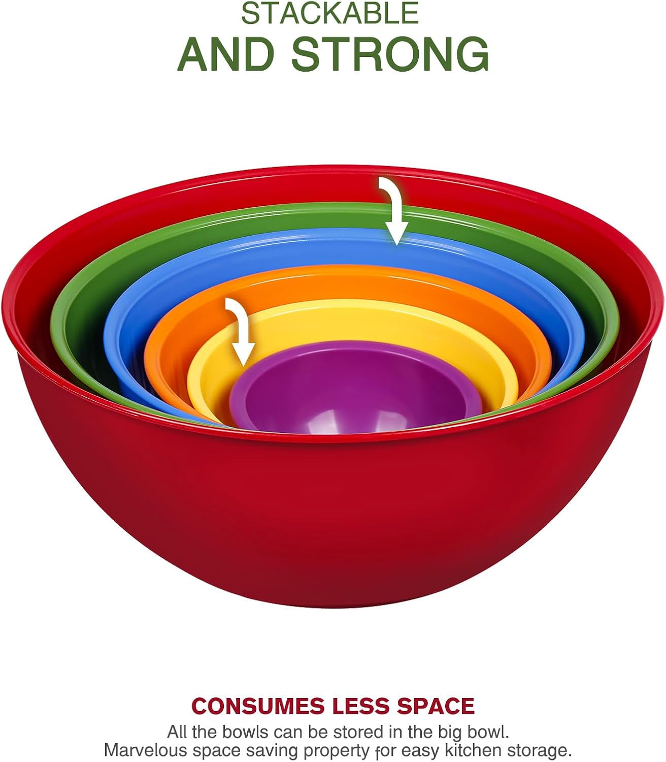 6-Piece Plastic Mixing Bowl Set with Lids for Kitchen, Nesting Storage Bowls for Baking, Prepping,Cooking and Serving Food, Dishwasher, Microwave Safe,Great for Mixing & Serving(6 Set-Red)