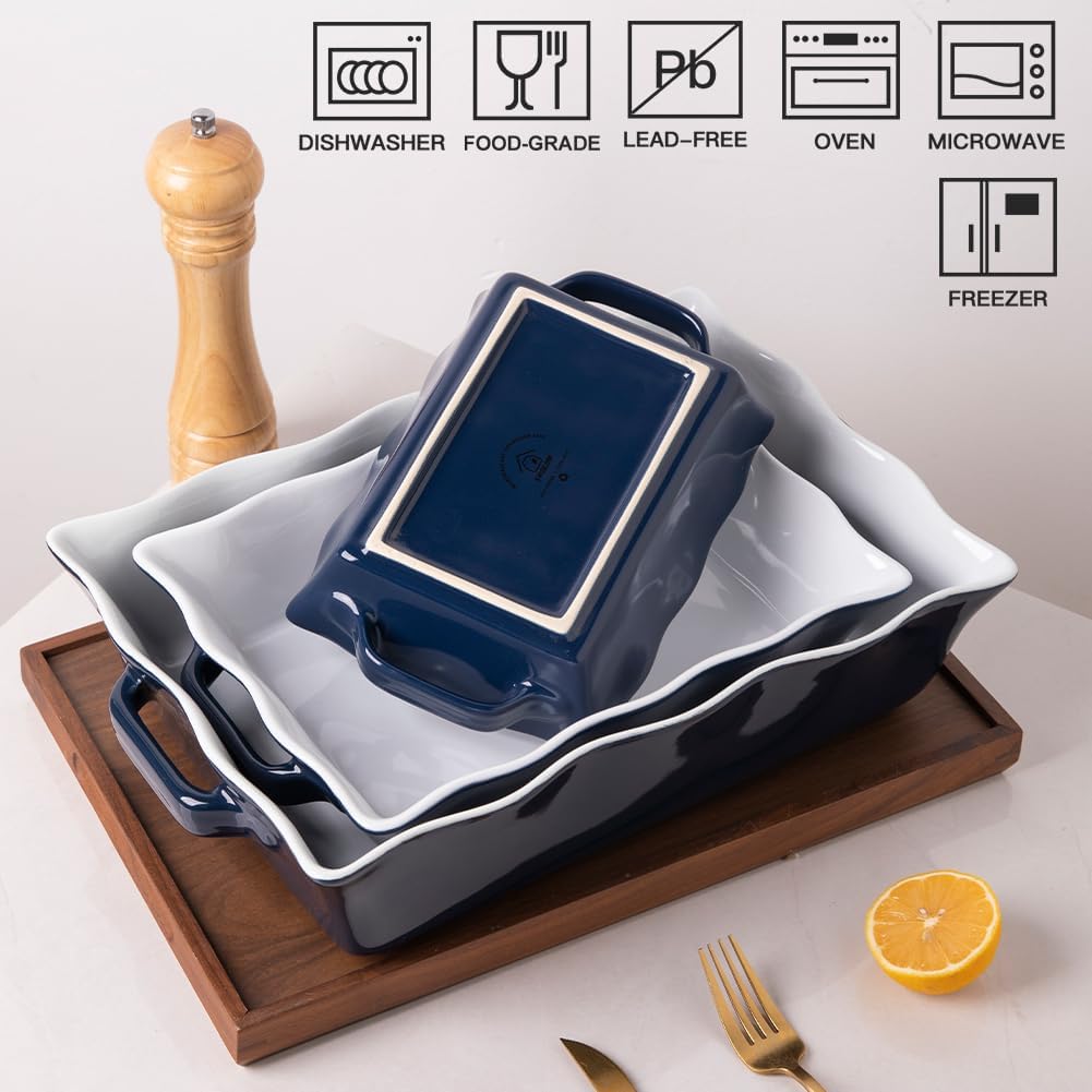 Sweejar Casserole Dishes for Oven, Ceramic Bakeware Set of 3, Rectangular Baking dish with Handles, Wave Edge Lasagna Pan Deep for Cooking, Cake, Dinner, Banquet and Daily Use (Navy)