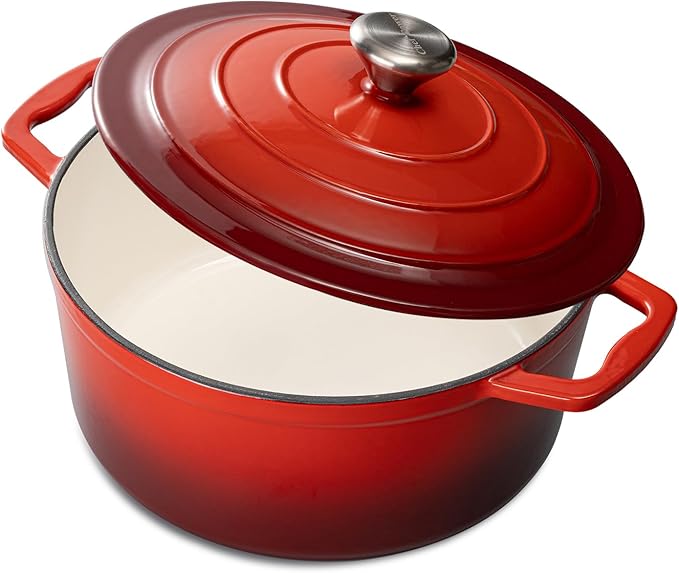 Chef Power Dutch Oven Pot with Lid 5QT, Enameled Cast Iron Dutch Oven for Bread Baking, Braising, Stews, Roasting, Oven Safe Dutch Ovens, Gradient Red