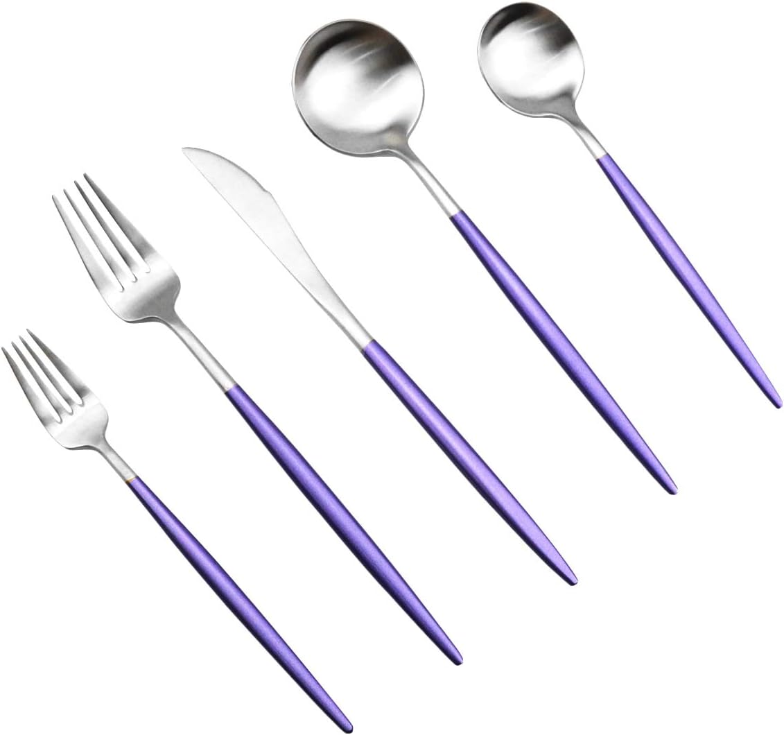 JASHII Silverware Sets, 5-Piece Flatware 18/10 Stainless Steel Heavy Weight Forged Cutlery Eating Utensils Forks Spoons Knives Set Tableware Service for 1 Matte Finished (Purple & Silver)
