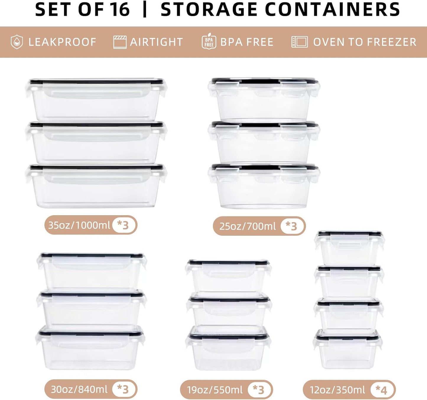 32 PCS Plastic Food Storage Containers with Lids Airtight, BPA-Free Leakproof Meal Prep Container Set for Kitchen Storage Reusable, Microwave Dishwasher Safe Stackable with Labels & Marker