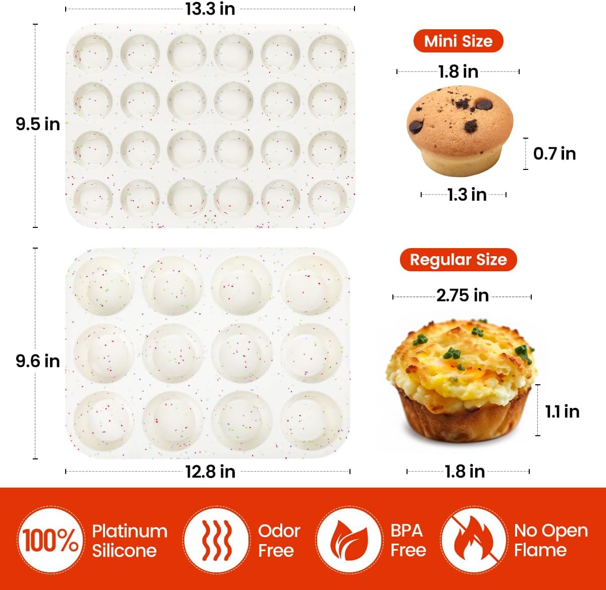 CAKETIME Silicone Muffin Pans for Baking, Regular 12 Cups and Mini 24 Cups Muffin Pan for Baking Egg Bites, Muffins, Cupcakes, Frittata Set of 2 Confetti