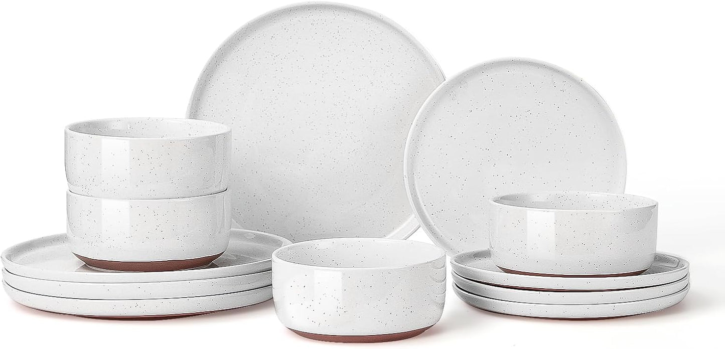 GZG Modern Art Series - 12 Pcs Speckled Stoneware Plates and Bowls Sets, Ceramic Dinnerware Set with Rustic Terracotta Underside, Microwave and Dishwasher Safe Handcrafted Dishes Set - Porcelain White