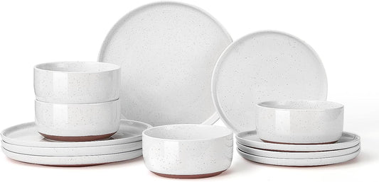 GZG Modern Art Series - 12 Pcs Speckled Stoneware Plates and Bowls Sets, Ceramic Dinnerware Set with Rustic Terracotta Underside, Microwave and Dishwasher Safe Handcrafted Dishes Set - Porcelain White