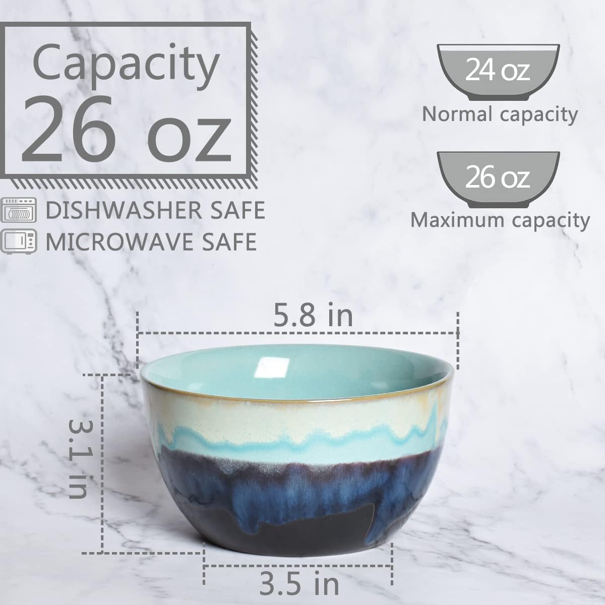 Bosmarlin Stoneware Cereal Bowls Set of 4, 26 Oz, Soup Bowls for Oatmeal, Salad, Dishwasher and Microwave Safe, Reactive Glaze (26 Oz, Pastel Blue)