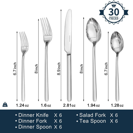KINGSTONE 30 Pieces Silverware Set, Flatware Cutlery Set for 6, 18/10 Stainless Steel Silverware Utensils Minimalist Design Dishwasher Safe