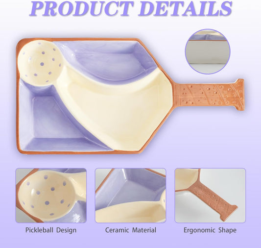 Pickleball Party Platter - Fun Paddle-Shaped Ceramic Tray with Snack Sections - Perfect Serving Dish for Pickleball Lovers display trays (Purple)