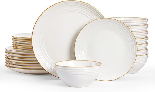 Famiware Jupiter Dinnerware Set, Plates and Bowls Dish Sets for 8 (24 Pieces), Microwave and Dishwasher Safe Stoneware Speckled Tableware, Chip and Scratch Resistant, White
