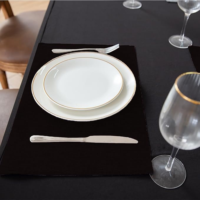 Linen Fabric Placemats Set of 4, Machine Washable, Heat Resistant, Wrinkle Free, Thick Polyester Kitchen Place Mats for Dining Table (Black)