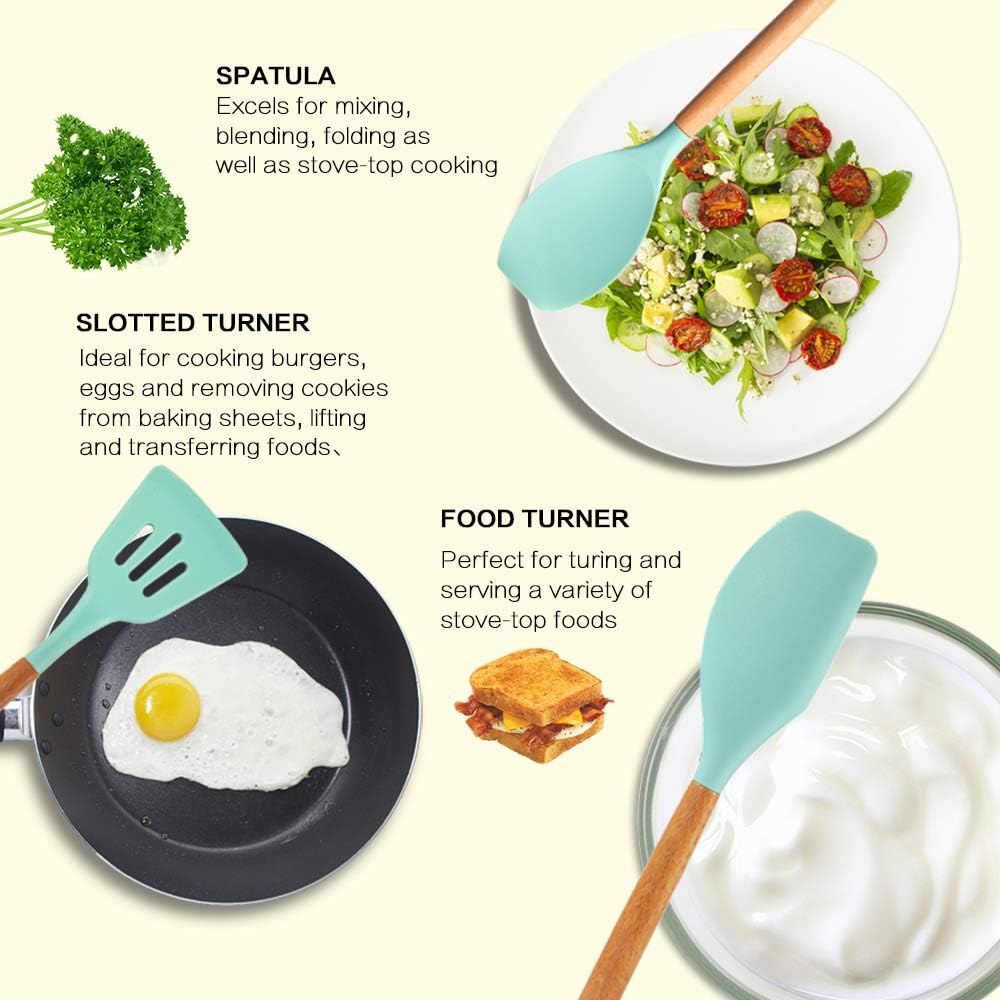 MIBOTE Silicone Cooking Kitchen Utensils Set with Holder, Wooden Handles Cooking Tool BPA Free Turner Tongs Spatula Spoon Kitchen Gadgets Set for Nonstick Cookware (Teal)