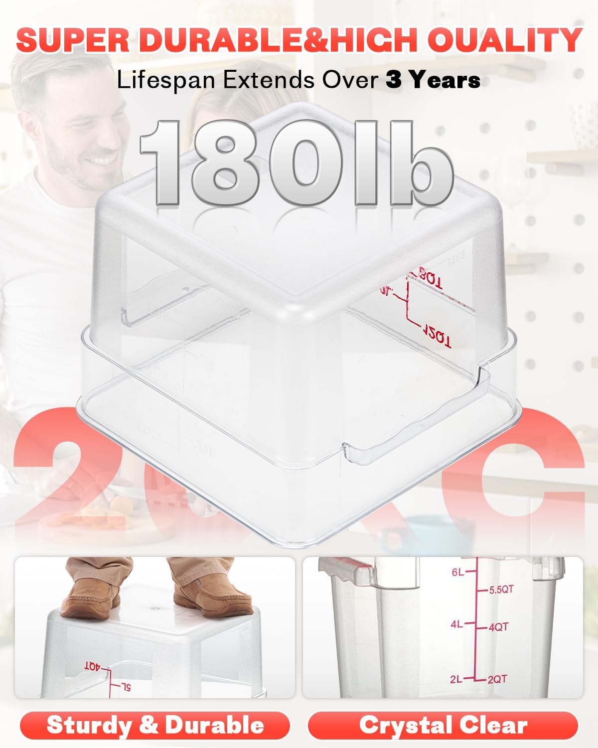 2QT NSF Food Storage Containers: 2 PCS [Food Grade][Hot&Cold Resistant] Commercial Clear Square Food Storage Containers with Scales Handles for Home Restaurant Kitchen Proof Dough(BPA FREE)