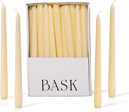 Bask 10-inch Taper Candles - Unscented and Dripless - Burns for 8 Hours - Home Decor for Dinner Table, Kitchen, and Bedroom - Perfect for a Romantic Date or Anniversary - 30-Pack - Ivory