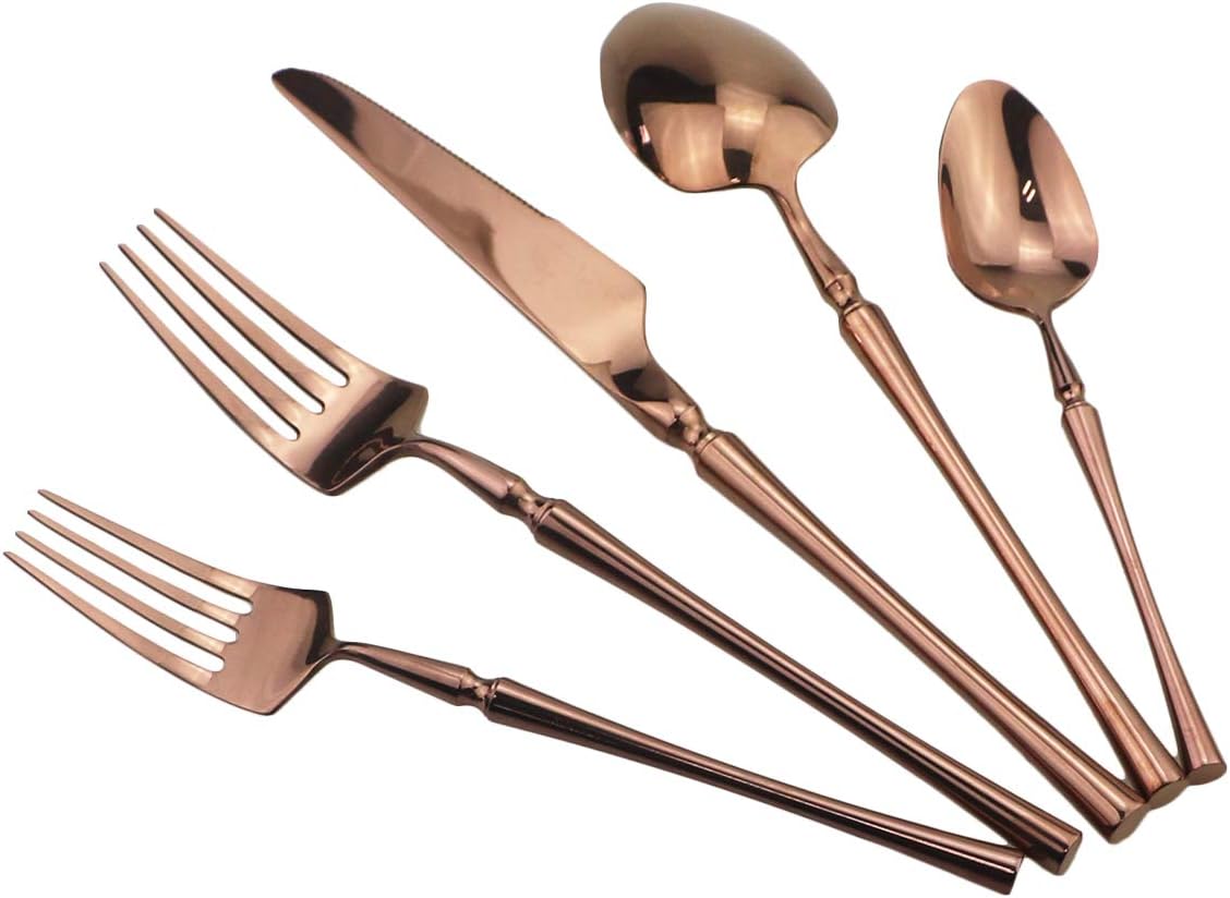 Gugrida Copper Silverware Set, 5-Piece 18/10 Stainless Steel Flatware Cutlery Set for 1,Mirror Finish, Ideal for Wedding Festival Party Home Kitchen, Dishwasher Safe