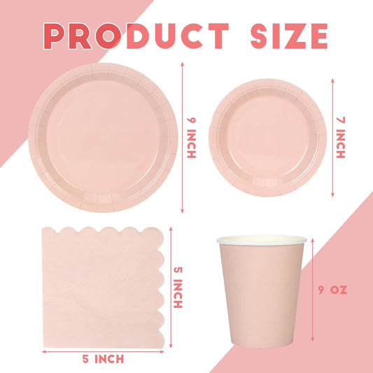 150 Pcs Disposable Party Dinnerware Supplies Set Includes 7'' 9'' Disposable Paper Plates 9oz Paper Cups Scalloped Cocktail Napkins for Baby Shower Birthday Wedding(Light Pink)