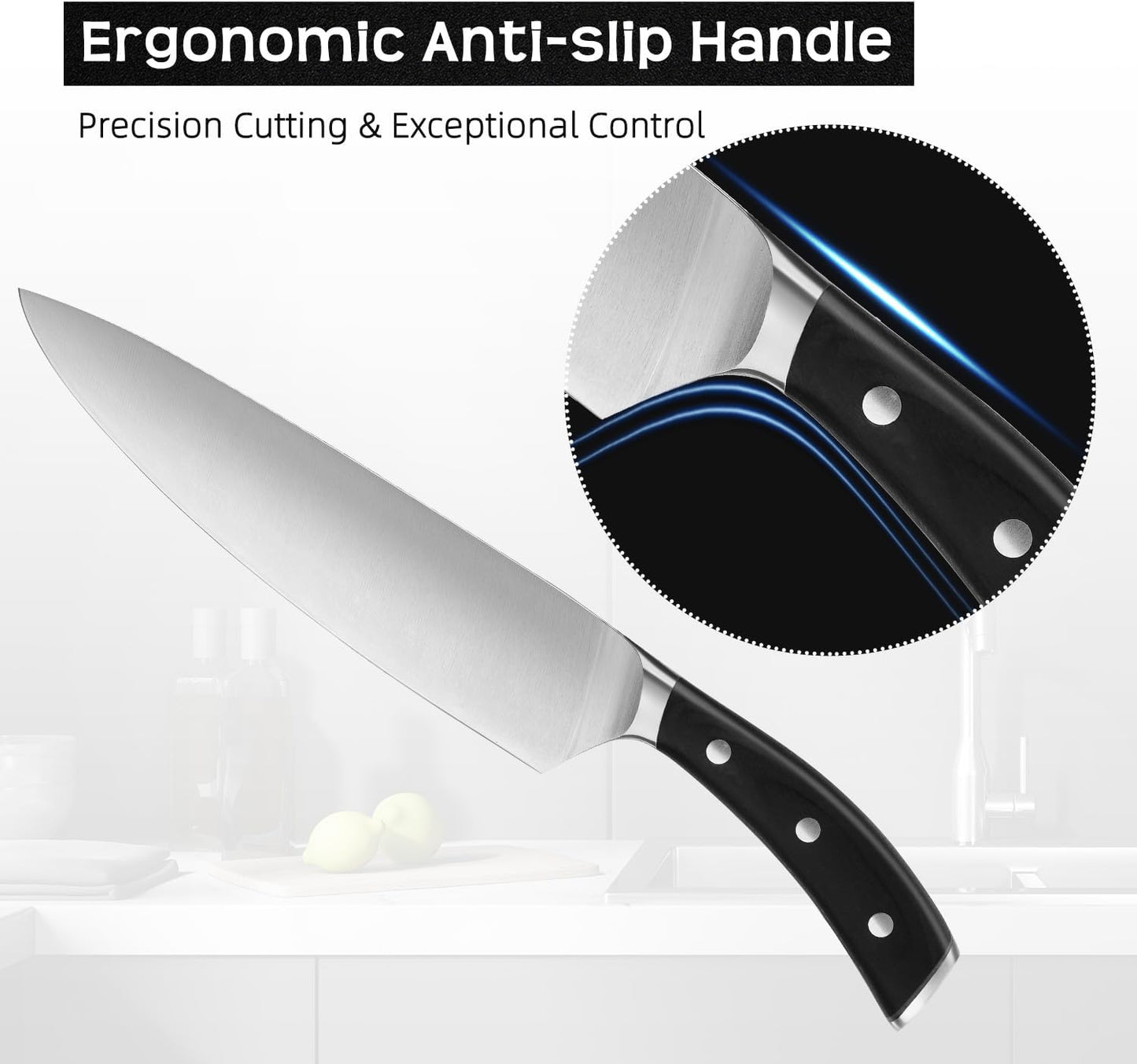 Knife Set, Jourmet 15-Piece Kitchen Knife Set with Block and Sharpener, High Carbon Stainless Steel Sharp Knives, Anti-slip Ergonomic Handle, Black Knife Block Set