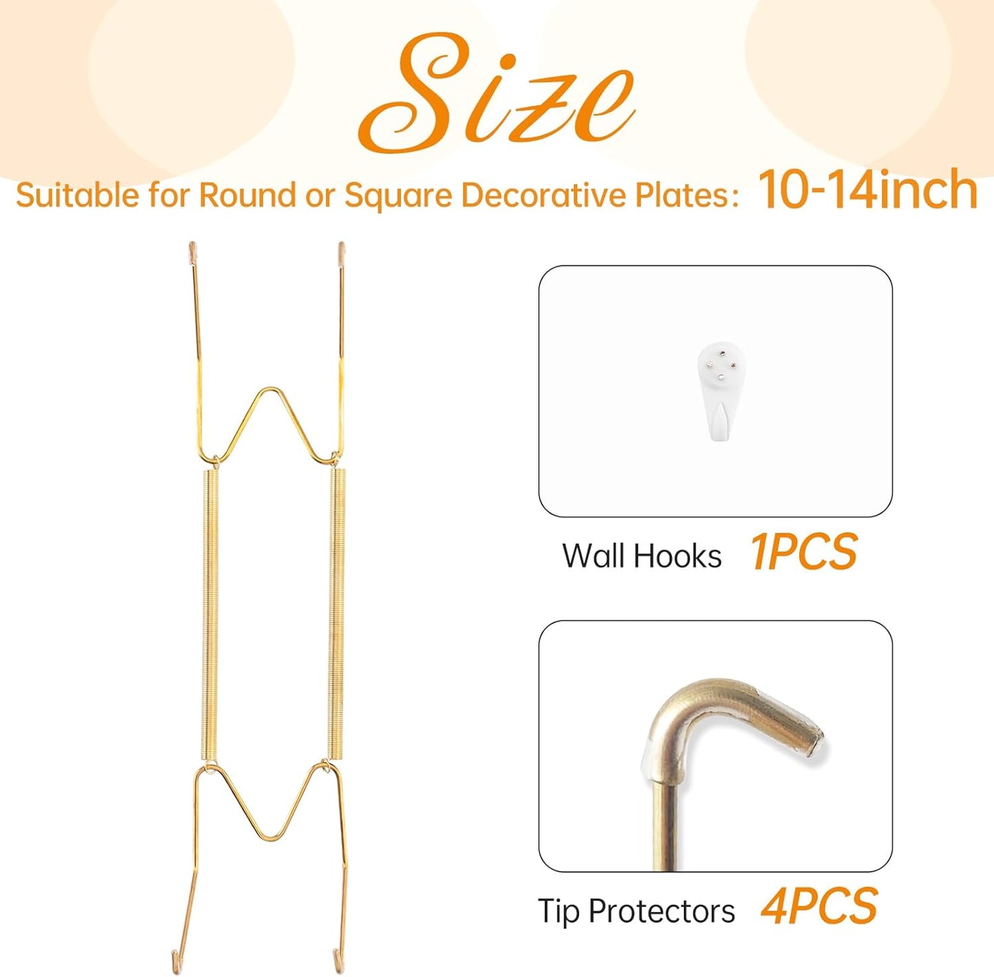 Plate Hangers for The Wall, Suitable for 10-14 inch Decorative Plate, Stainless Steel Wire Plate Holder with Wall Hooks and Rubber tip Protectors, Plate Hangers for Displaying Plates, Platter, Gold