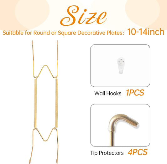 Plate Hangers for The Wall, Suitable for 10-14 inch Decorative Plate, Stainless Steel Wire Plate Holder with Wall Hooks and Rubber tip Protectors, Plate Hangers for Displaying Plates, Platter, Gold