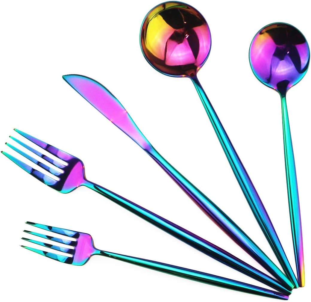 Gugrida Portable Silverware Set - 20-Piece Flatware Cutlery Set - 18/10 Stainless Steel - Mirror Polishing Rainbow Travel Elegant Modern Utensils - Service for 4 Include Steak Knife Dinner Fork Spoon