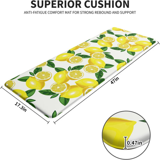 Lemon Kitchen Mats for Floor - Anti Fatigue Mats for Kitchen Floor, Cushioned Non-Skid Washable Memory Foam Rug for Office, Sink, Laundry (17.3"×47"×0.47") White