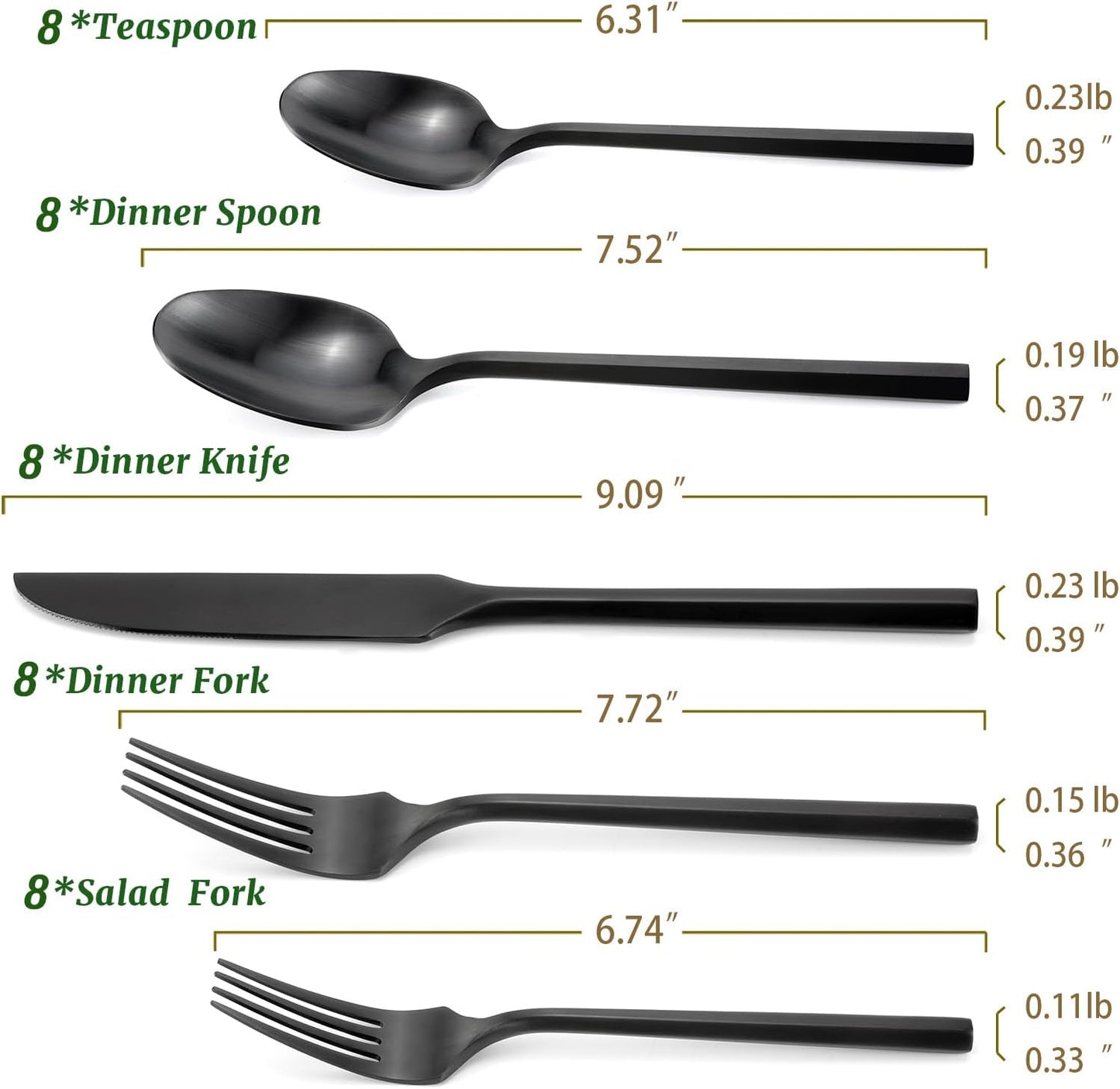 DEACORY Silverware Set with Serving Utensil Set Matte Black Flatware Set Hand Forged Stainless Steel Cutlery Set 45 Pieces Matte Finished Hexagon Handle Service for 8