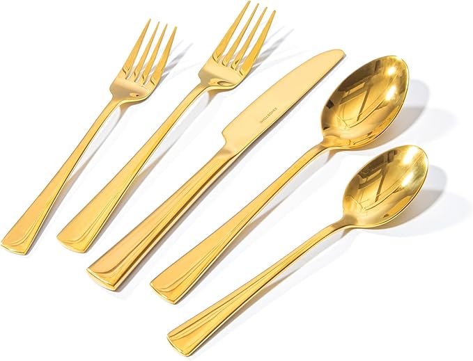 KINGSTONE Silverware Set for 12, 60-Piece Forged 18/10 Stainless Steel Flatware Set, Mirror Finish Cutlery Set Dishwasher Safe for Home, Restaurant, Wedding, Party, Gold
