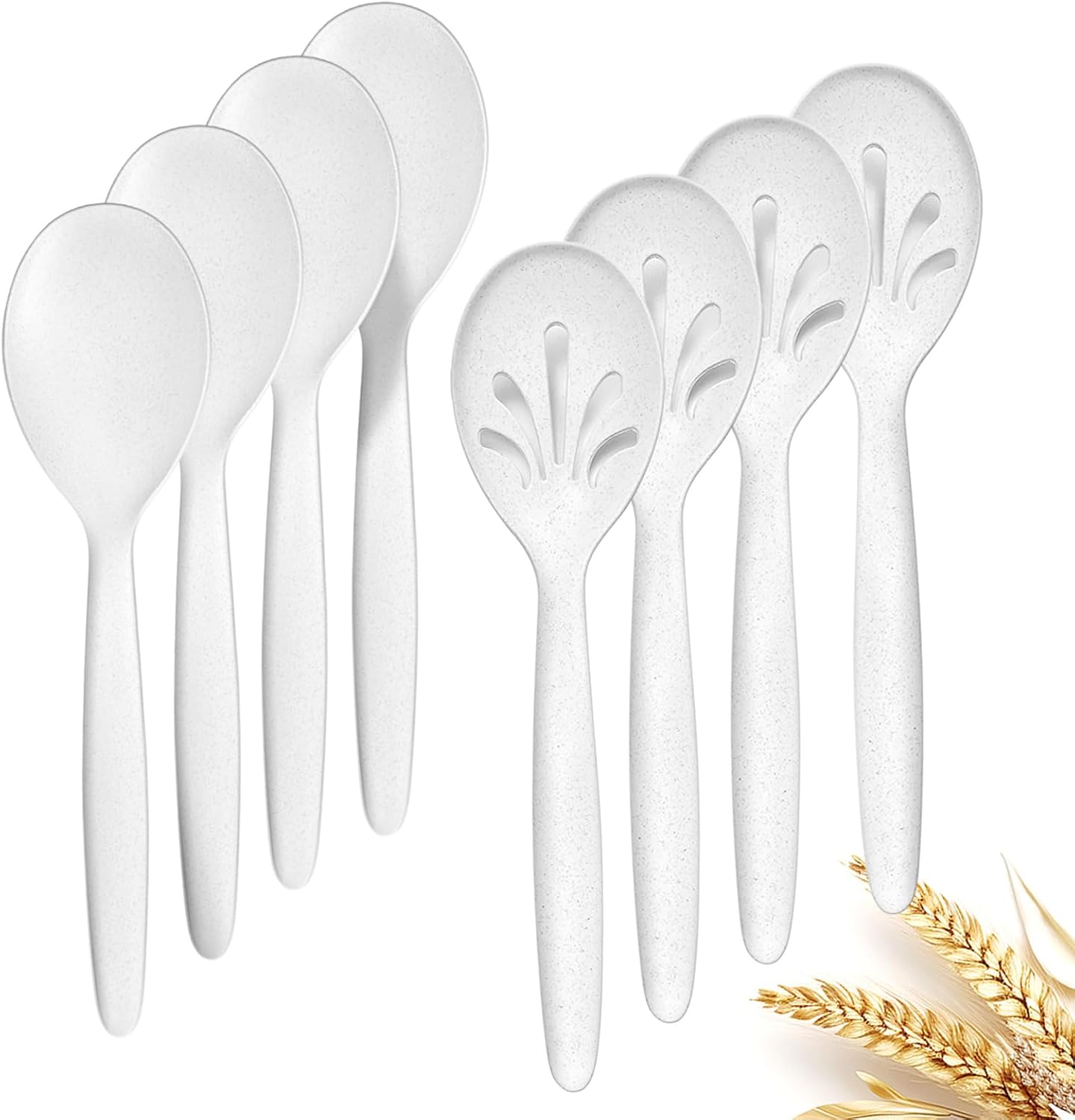 8 Pack 10" Large Reusable Plastic Wheat Straw Serving Spoon Set, 4 Serving Spoons & 4 Slotted Spoons, Kitchen Mixing Serving Spoon for Buffet Chafing Dish Catering (White, Not for Cooking)