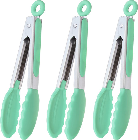 Mini Tongs with Silicone Tips 7 Inches Silicone Cooking Tongs, Set of 3 (Mint)