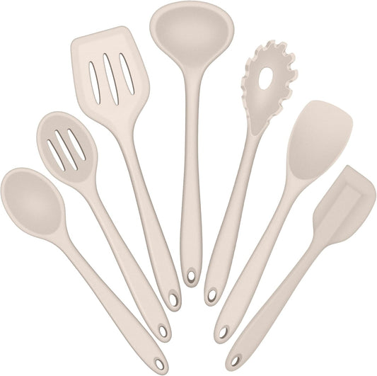 E-far Silicone Cooking Utensils Set, 7-Piece Khaki Heat Resistant Kitchen Utensils Set, Kitchen Nonstick Tools Spatula Ladle Spoon Pasta Server for Non-stick Cookware, Non-Toxic & Dishwasher safe