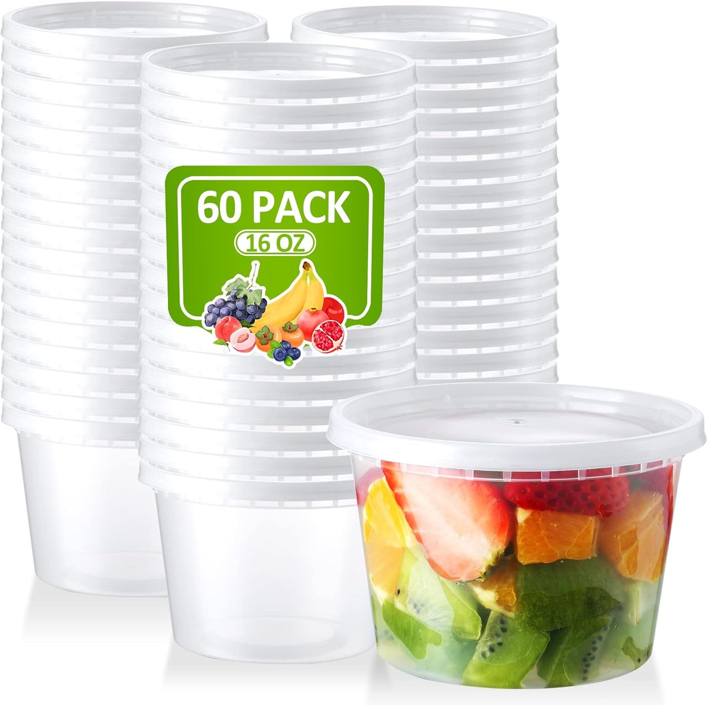 16 Oz Deli-Containers-with-Lids - 60 Set Plastic Food-Storage-Containers-with-Lids, Microwaveable & Freezer Safe To-Go-Containers, Leak-proof Soup Overnight Oats Meal-Prep-Containers