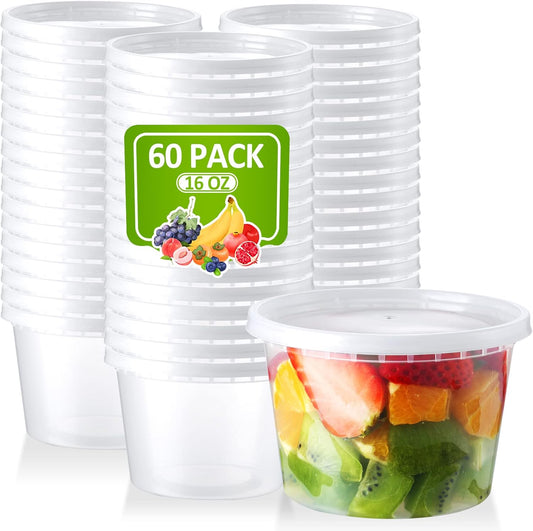 16 Oz Deli-Containers-with-Lids - 60 Set Plastic Food-Storage-Containers-with-Lids, Microwaveable & Freezer Safe To-Go-Containers, Leak-proof Soup Overnight Oats Meal-Prep-Containers