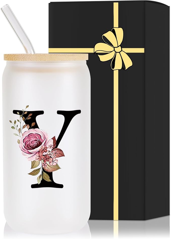 Monogrammed Glass Drinking Cup With Lid Straw Women Men Teacher Gifts Female Male Best New Appreciation Thank you Favorite Good Goodbye Retirement Friends Social Student Bestie,Y